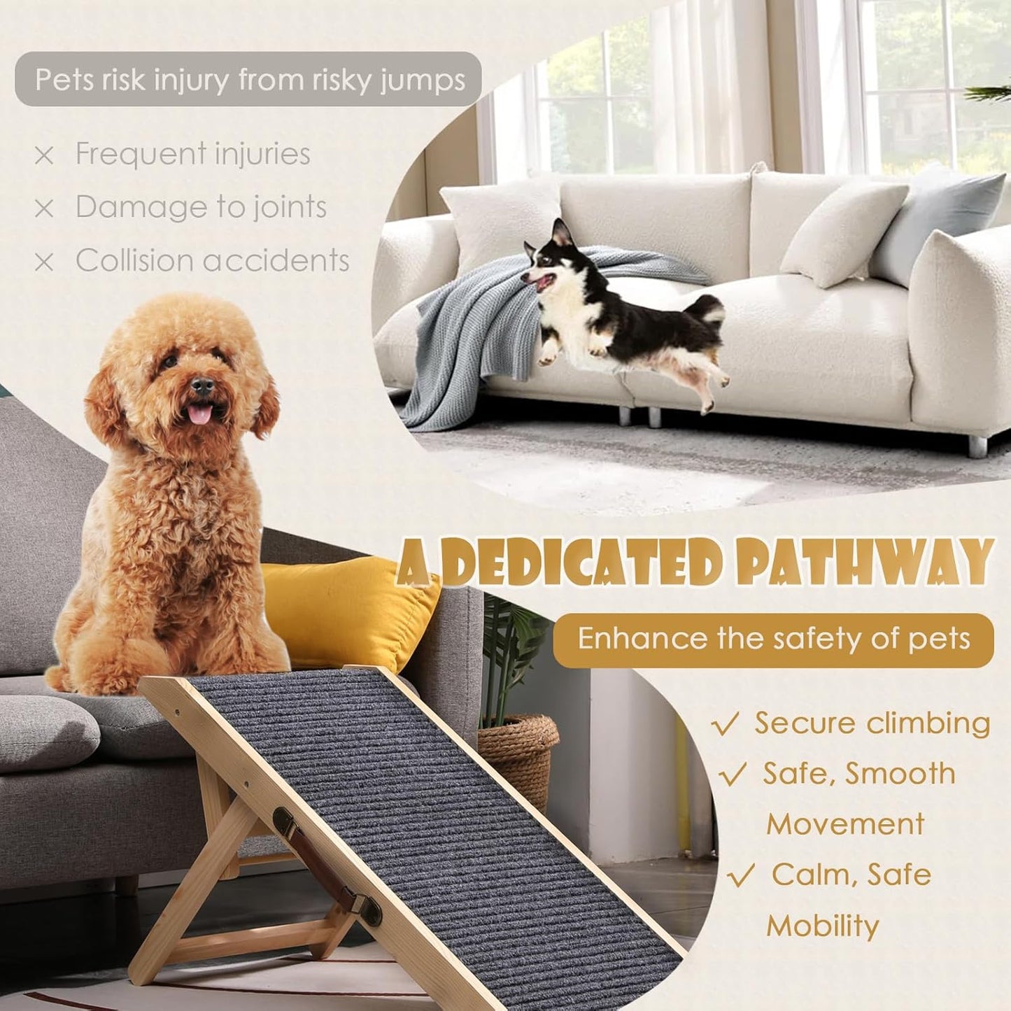 Wooden Foldable Dog Ramp Portable Pet Ramp,Car Ramp with Built-in Handle for Travel, 4 Adjustable Heights 9.8" to 18.1" for Small Dogs