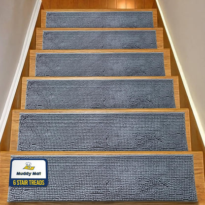 Muddy Mat® Pack of 4 - Soft Chenille Stair Treads Non-Slip Reusable, Super Absorbent Stair Treads for Wooden Steps, Tile & Marble Floor, Easy to Install & Machine Washable - Grey 30'' x 7''