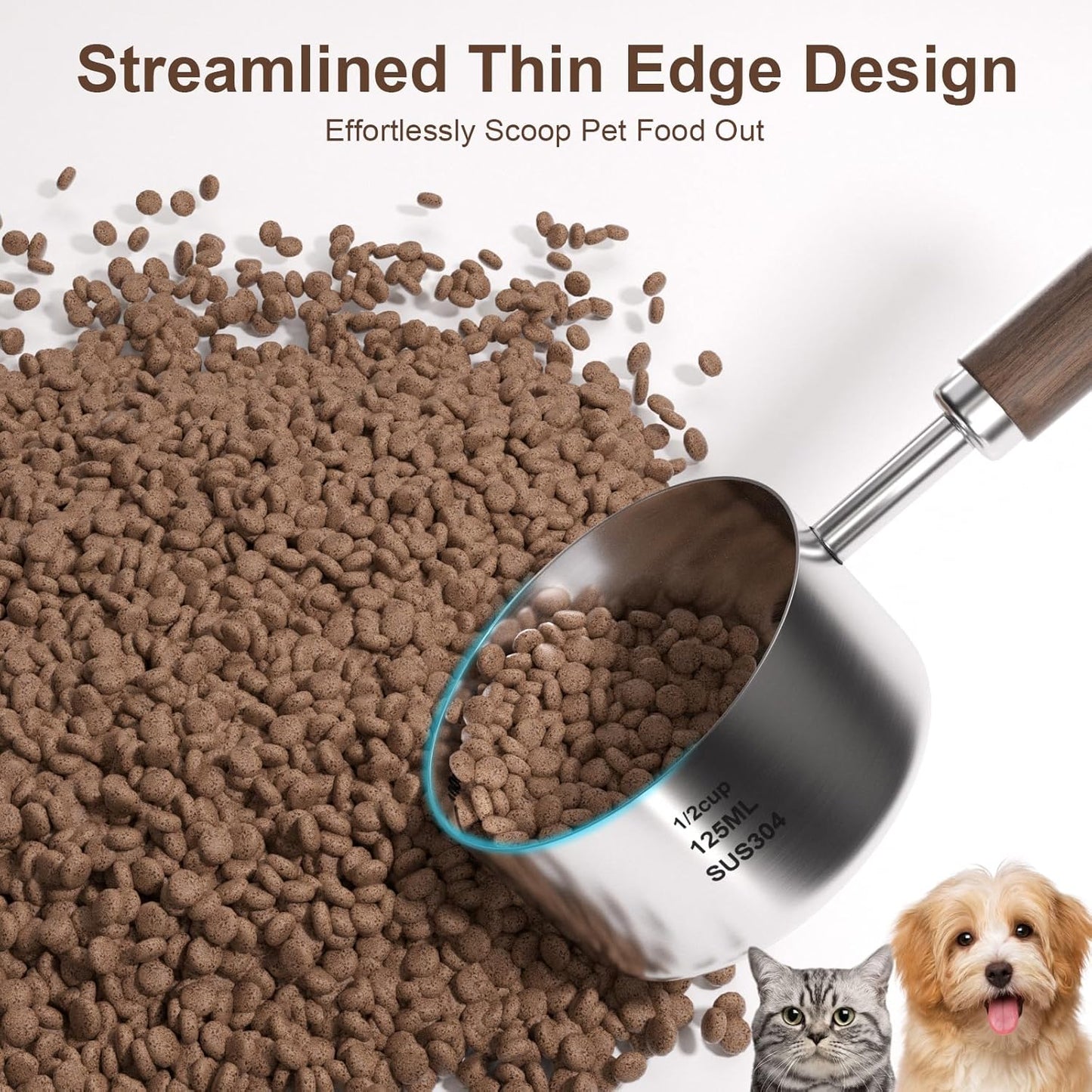 Dog-Cat Food-Scoop Measuring-Cup - 304 stainless steel material.1-Cup capacity. Precision scale measurements