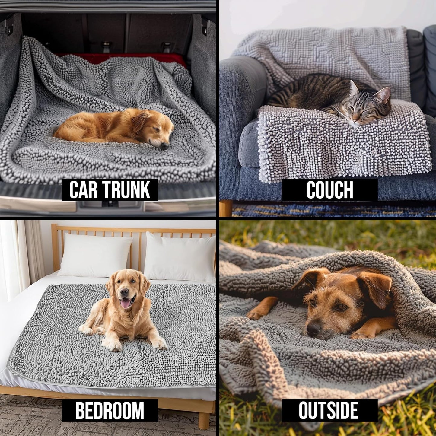 Muddy Mat® Dog Blanket - Chenille Water Absorption Blanket for Bed & Couch Cover for Dogs Washable, Anti-Slip Soft and Durable Furniture Protector for Dogs - Grey 52"x72"