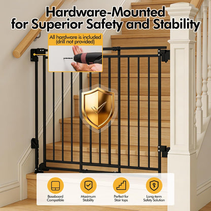 Baby Gate for Stairs & Doorways - Fits Openings 26 to 43 Inches Wide (Must Drill to Install) | 29" Extra Tall with No Bottom Bar | One-Handed Auto-Close Walk-Thru Gate for Kids & Pets, Black
