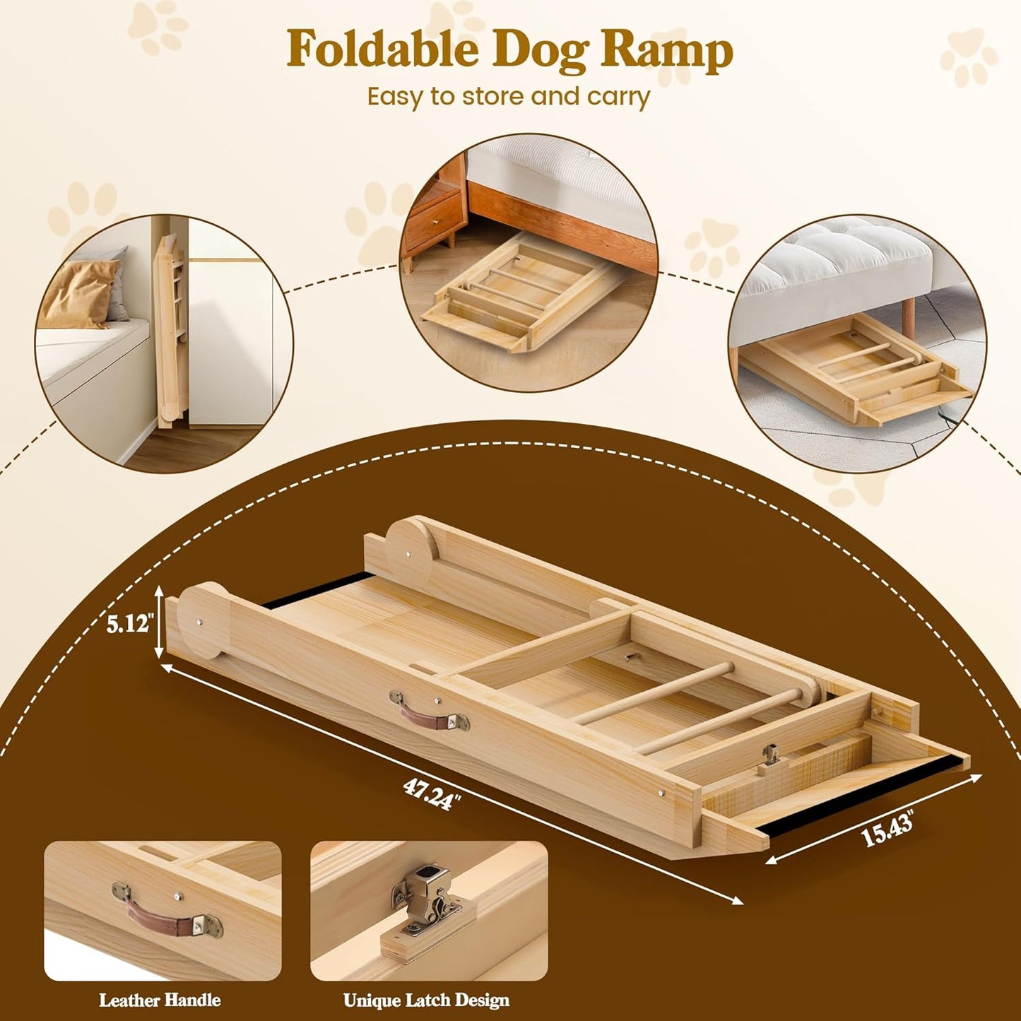 47" Long Non-Slip Portable Pet Ramp for Small Large Dogs, Dog Ramp for Bed, Wooden Adjustable Dog Ramps for Bed, Couch, Height from 12" to 24", Up to 200LBS