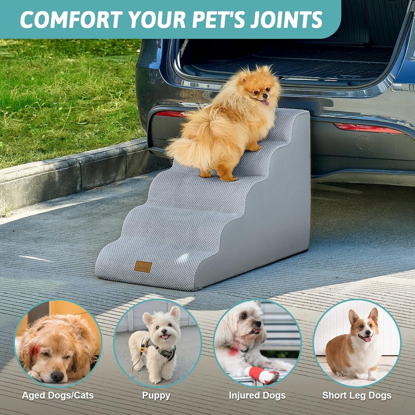 COZY KISS Extra Wide Dog Stairs with Tunnel, Foam Detachable Large Dog Step for Small Pet, Puppy or Cats, Medium Pet Ramp for High Bed, Couch, Sofa or Car, 19.7x33x22.4 inch, 5 Step, Beige