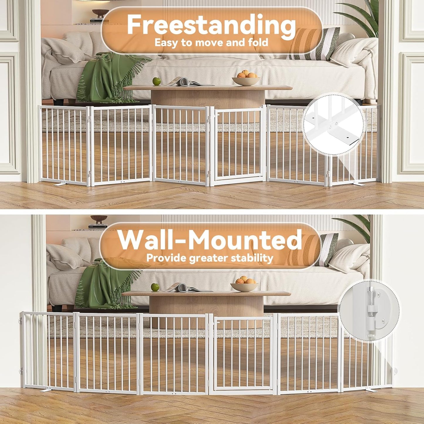 SNUOWU Full Metal Freestanding Dog Gate with Door, 32''Height Foldable Pet Dog Fence for Indoor & Outdoor, 4 Panels Extra Wide Free Standing TallDog Gates for Doorways,House,Stairs,Porch,Deck,Yard