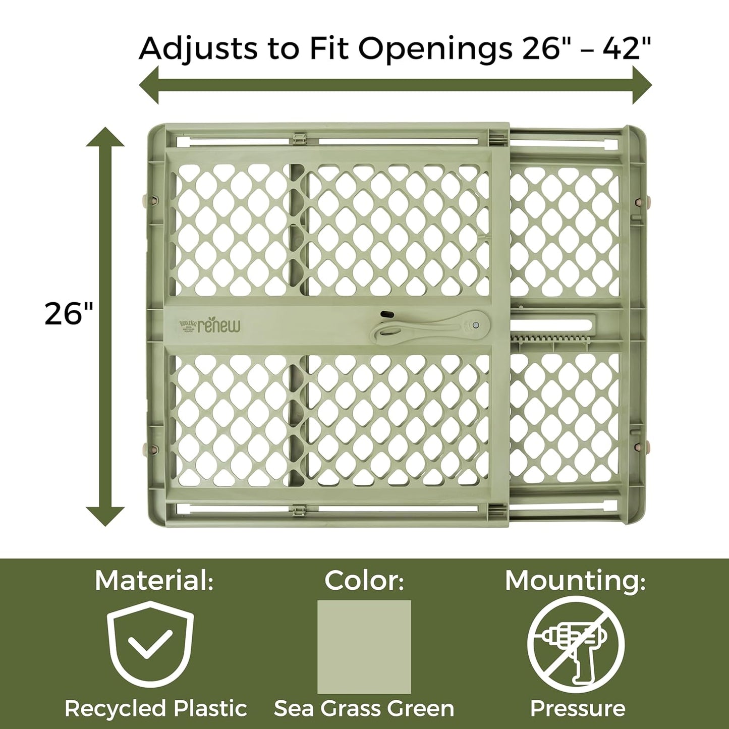Toddleroo by North States - Renew 100% Recycled Plastic Baby Gate for Doorway; Sturdy for Indoor & Outdoor Use: Pressure Mounted, No Drill Gate; Made in USA; 26" to 42" Wide, 26" Tall; Pure White
