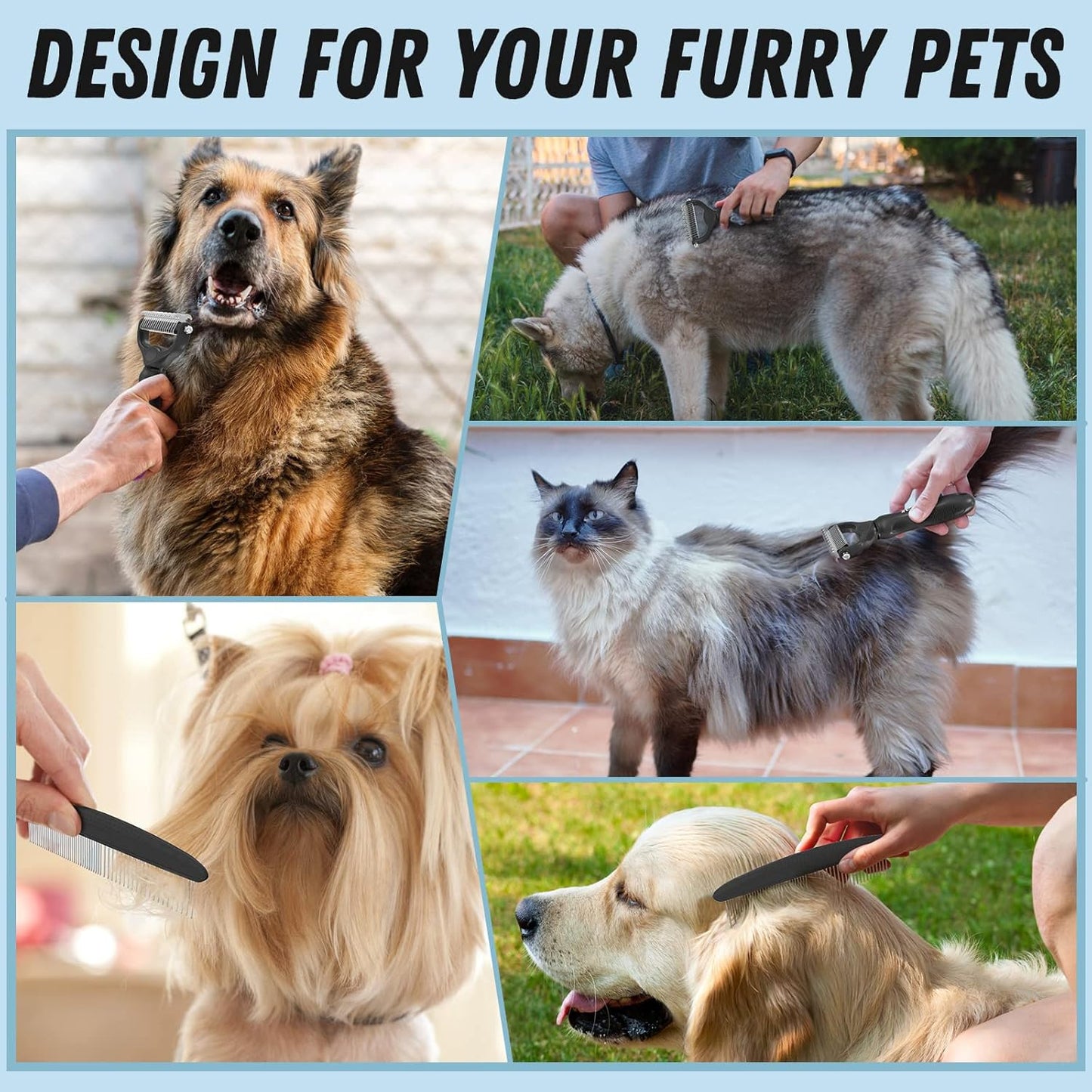 Docrok Pet Grooming Combo - Blue Deshedding Brush with Metal Comb for Detangling and Dematting Long, Matted Fur on Cats and Dogs