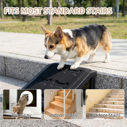 Dog Ramp for Stairs – Non-Slip Pet Ramp for Small, Short-Legged & Senior Dogs – Sponge Padding Surface + 200-lb Heavy-Duty Metal Frame – Small Dogs Climb Safely – Indoor/Outdoor Steps (Bone-（2-Pack)