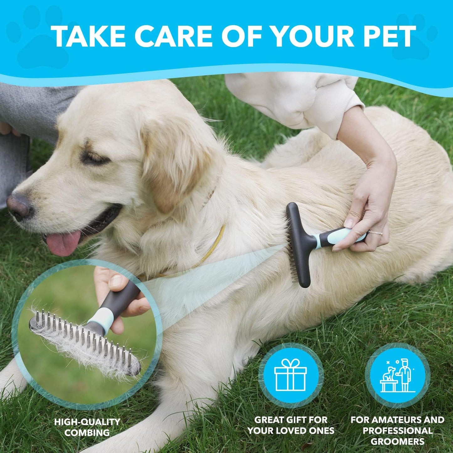 DOGI Deshedding Brush Comb - Undercoat Rake for Dogs, Cats, Short, Long Hair Coats - Double Row Stainless Steel Pins - Reduce Shedding by 90% (Green)