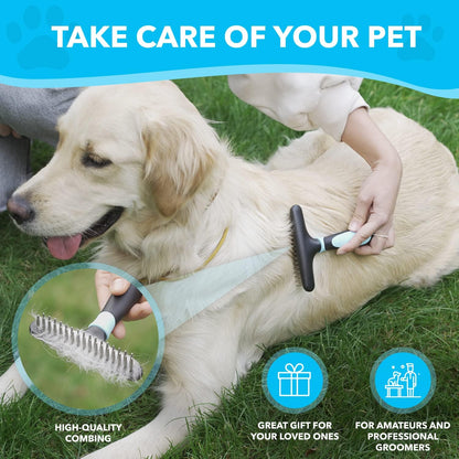 DOGI Deshedding Brush Comb - Undercoat Rake for Dogs, Cats, Short, Long Hair Coats - Double Row Stainless Steel Pins - Reduce Shedding by 90% (Green)