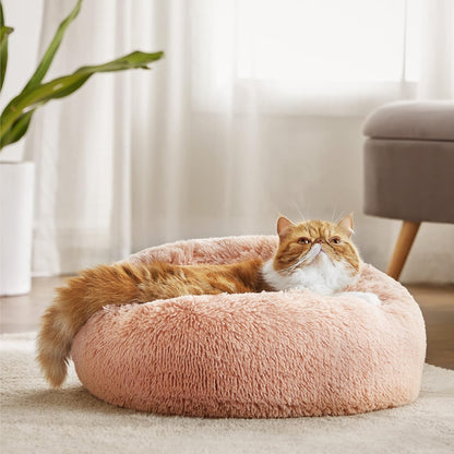 Bedsure Calming Dog Bed Medium Size Dog - Donut Washable Medium Pet Bed, 30 inches Anti-Slip Round Fluffy Plush Faux Fur Cat Bed, Fits up to 45 lbs Pets, Camel