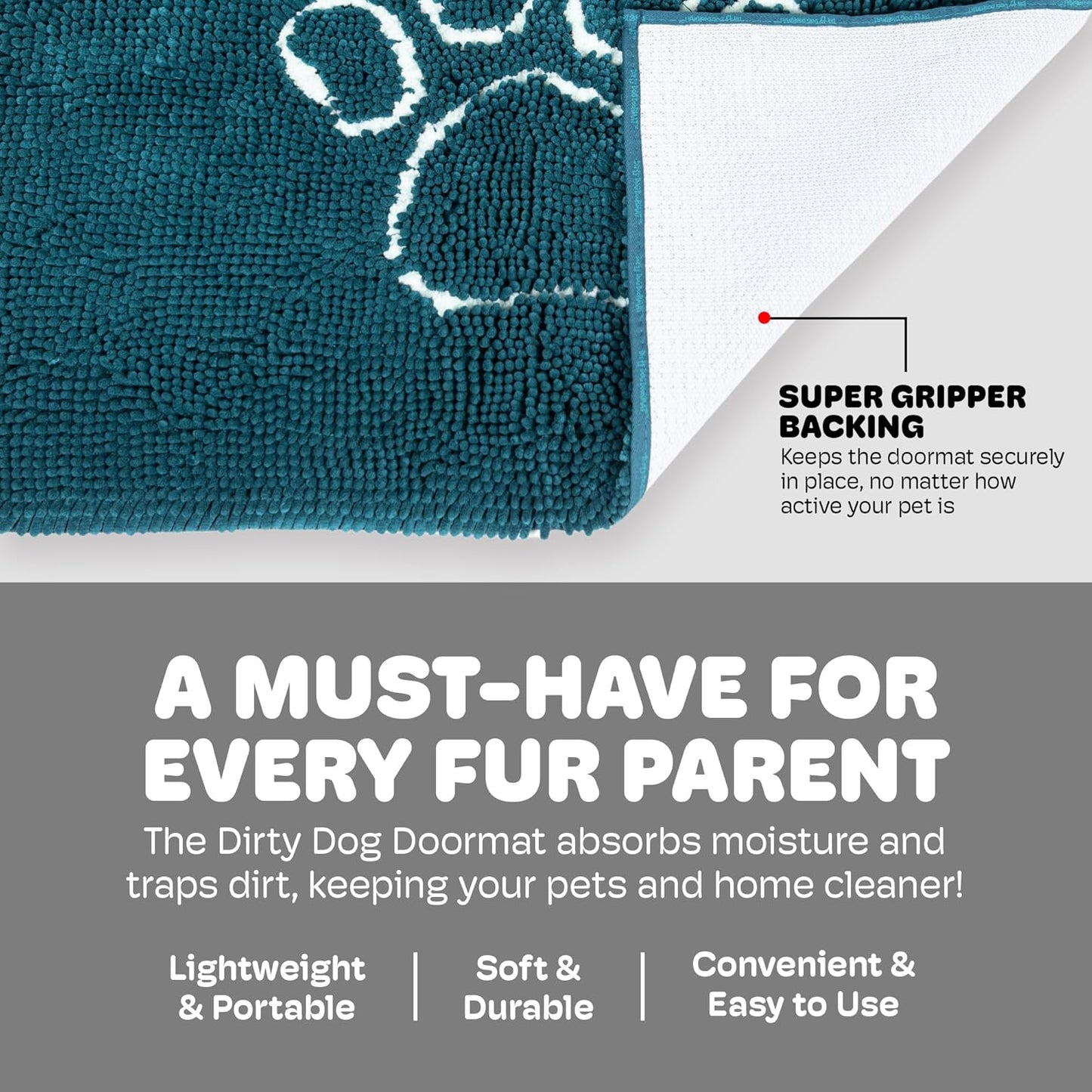 Dog Gone Smart Dirty Dog Doormat - Fast Drying Rug with Super Gripper Backing for Clean Floors - Super Absorbent and Machine Washable Mat for Muddy Paws - Grey