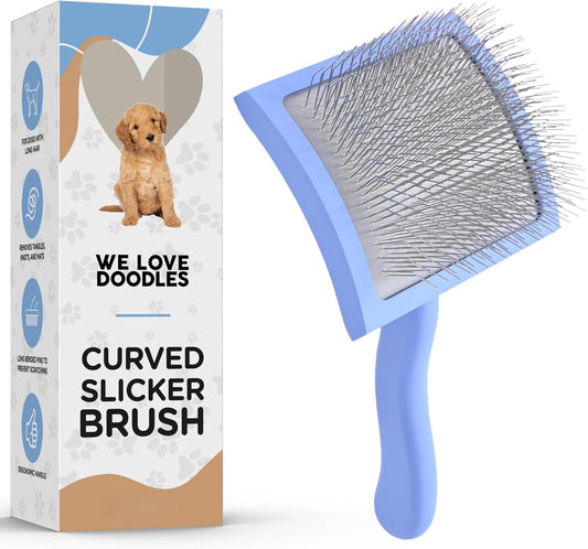 Slicker Brush for Dogs, Dog Grooming Supplies - Best Doodle & Poodle Brush for Haired Dogs - Goldendoodle Pin Detangler for Dematting (Medium Curved)