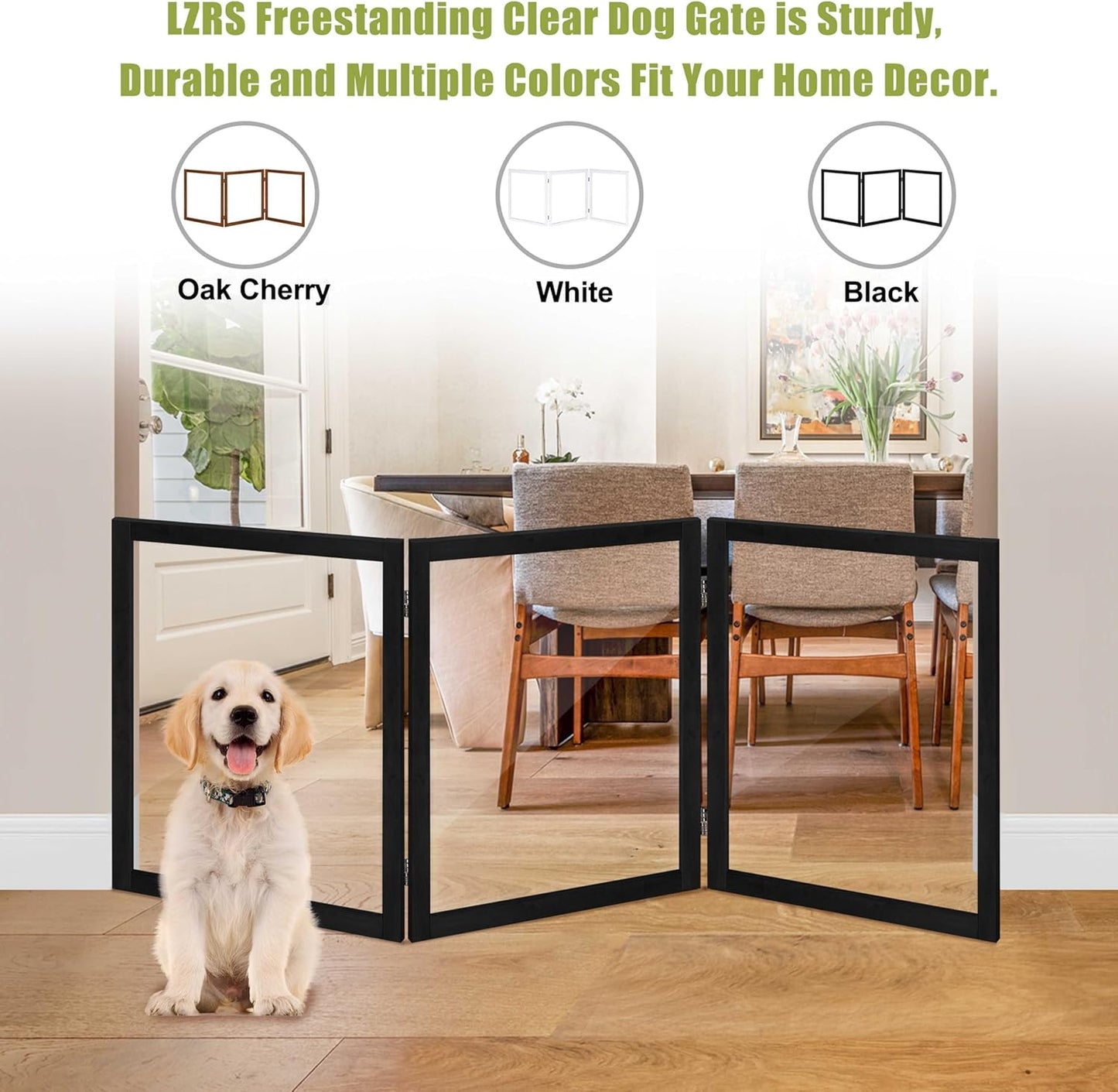 LZRS Clear Dog Gate for Indoor Use - Transparent Pet Fence with Solid Hardwood and Plastic Board, Stylish & Durable freestanding Pet Gate for Doorways, Stairs and Hallways-2 Panel Cherry