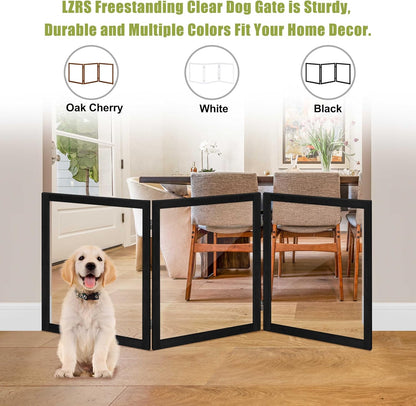 LZRS Clear Dog Gate for Indoor Use - Transparent Pet Fence with Solid Hardwood and Plastic Board, Stylish & Durable freestanding Pet Gate for Doorways, Stairs and Hallways-2 Panel Cherry