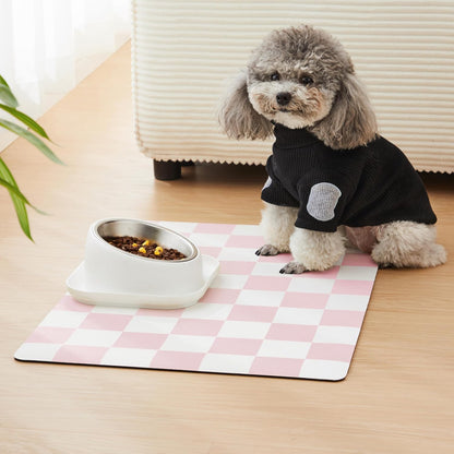 Checkered Dog Feeding Mat, Absorbent Mats for Dog Food and Water Bowl, Dispenser, Retro Aesthetic Khaki Beige Checkerboard Pet Placemat for Dogs, Cats, Puppy Accessories, 12" X 19”