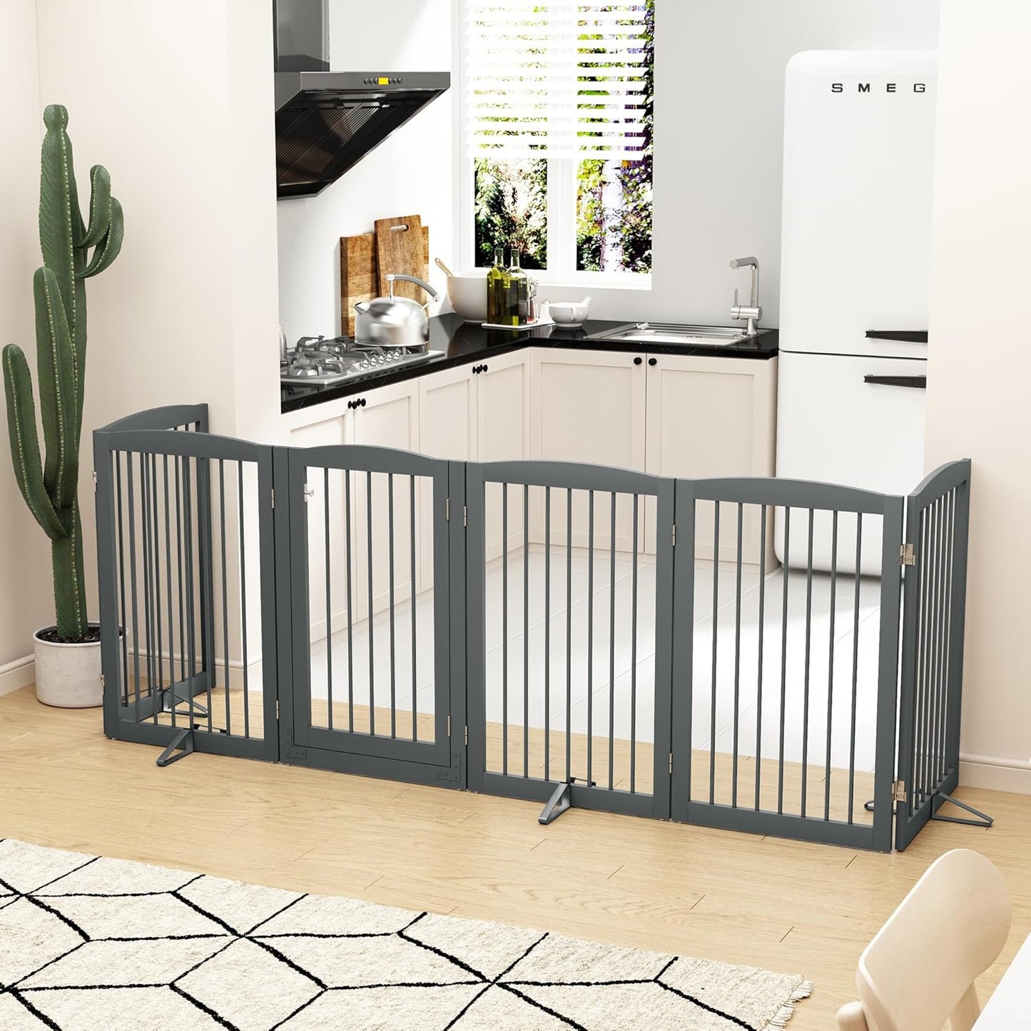 PUPETPO Freestanding Dog Gate with Door, Pet Gate for Stairs, 80 inch Wide Pet Barrier Indoor, Dog Fences Indoor, Support Feet Included, 4 Panels, 24" Tall, Dark Brown