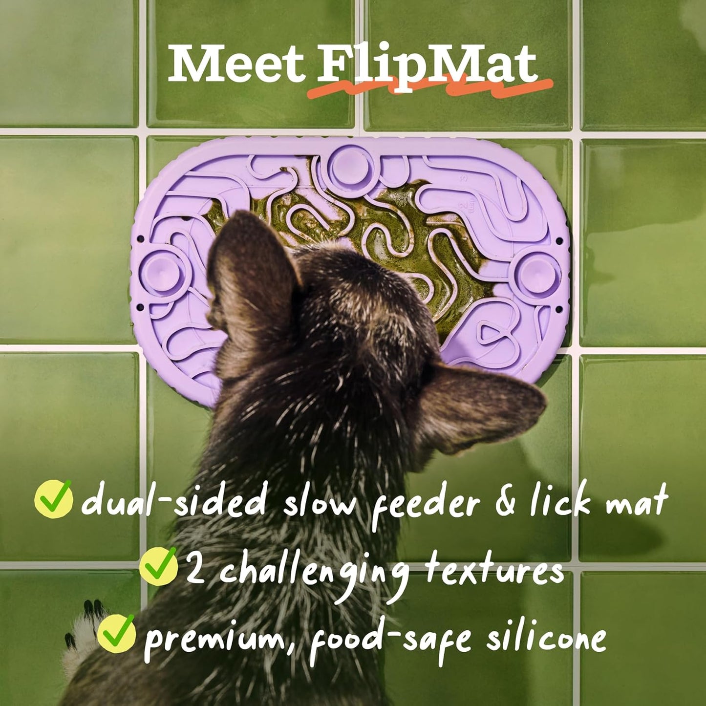 WOOF FlipMat Mini- Easy-to-Clean Lick Mat for Small Dogs & Travel - Slow Feeder Mat with Double-Sided-Non-Slip Design - BPA-Free Silicone - Lick Mat - Interactive Dog Toys - Lavender