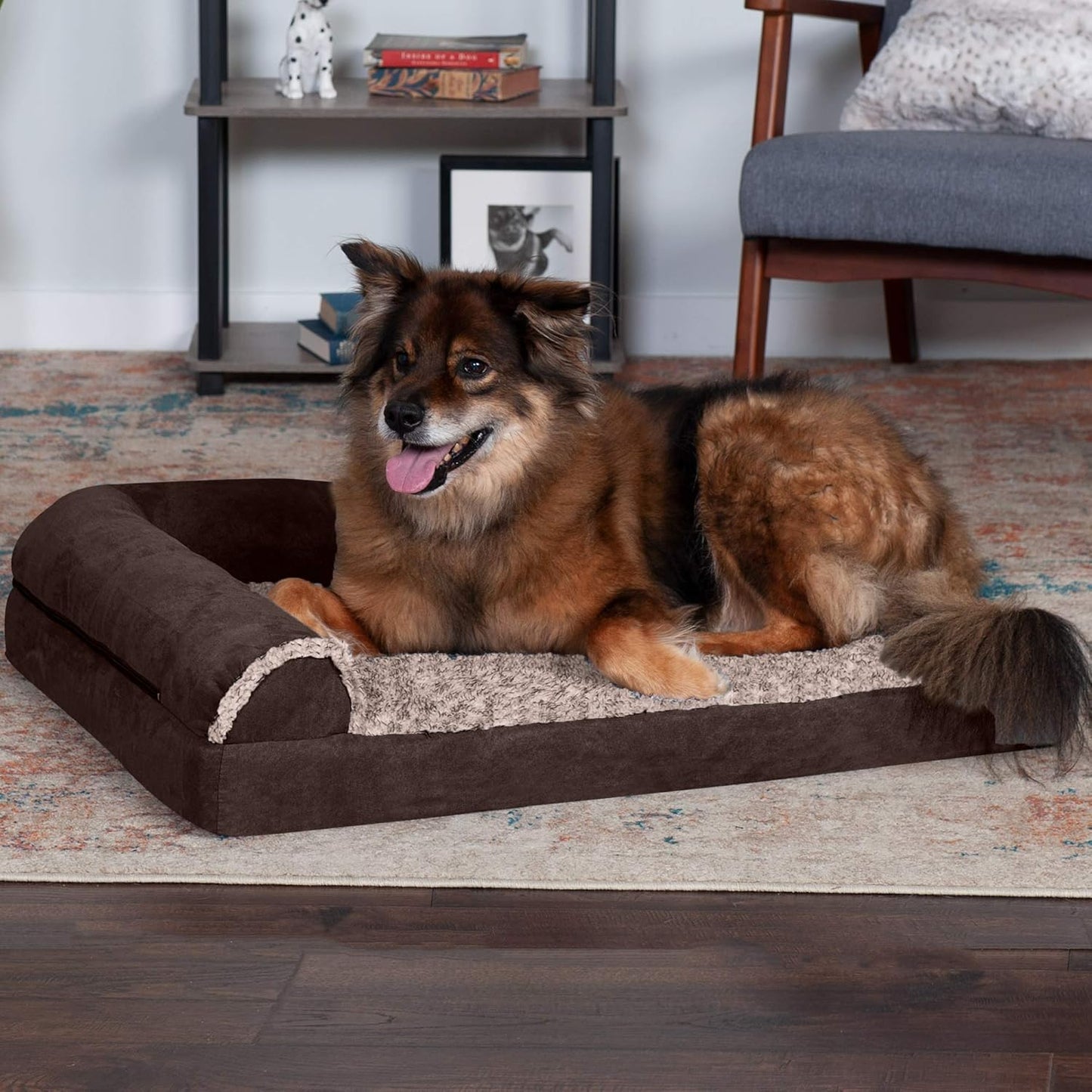 Furhaven Memory Foam Dog Bed for Large Dogs w/ Removable Bolsters & Washable Cover, For Dogs Up to 95 lbs - Two-Tone Plush Faux Fur & Suede L Shaped Chaise - Espresso, Jumbo/XL