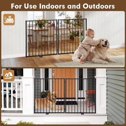 104" Extra Wide Dog Gate, Heavy Duty Metal Freestanding Dog Gate with Door for Indoor & Outdoor, Foldable Pet Fence for Doorways,House,Porch,Deck,Yard,Stairs, Auto Close(4 Panels,Black)