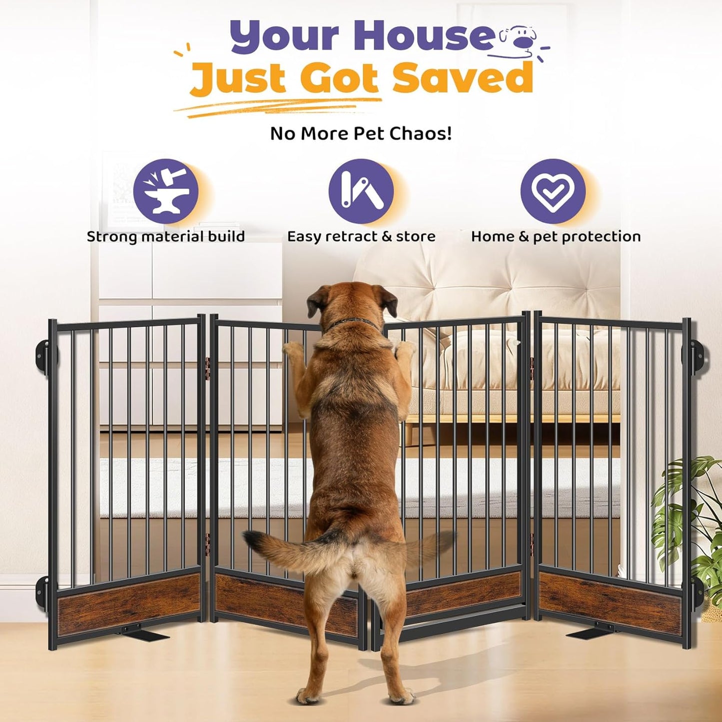 Freestanding Short Dog Gate, 16" Tall Pet Gate Indoor with Support Feet Easily Step Over, 4 Panel Metal Wood Foldable Pet Dog Gate, Up to 48" Wide Puppy Fence, Puppy Gate for for Doorway&Hallway Black