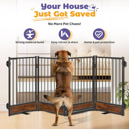 Freestanding Short Dog Gate, 16" Tall Pet Gate Indoor with Support Feet Easily Step Over, 4 Panel Metal Wood Foldable Pet Dog Gate, Up to 48" Wide Puppy Fence, Puppy Gate for for Doorway&Hallway Black