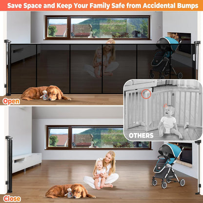 19.7ft Retractable Baby Gates Dog Gate - 236" Extra Wide Expandable Child Safety Gate,37" Tall Toddler Pet Mesh Gate with Reinforced Strips for Doorways,Stairs,Hallways,Outdoor & Indoor Large Openings