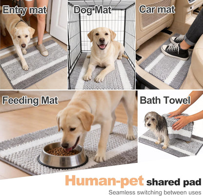 pobopobo Dog Door Mat for Muddy Paws - Absorbent & Washable Chenille Rug, Non-Slip Dirt Trapper for Indoor Outdoor Entryway, Quick Dry Pet Mat for Muddy Dogs (Striped Gray-Blue&White, 24" x 16")