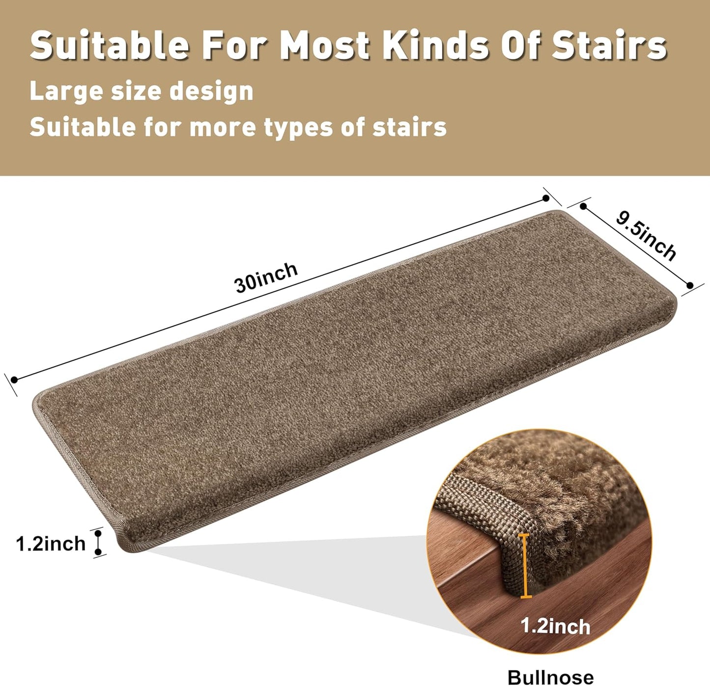 PURE ERA Bullnose Carpet Stair Treads Set Tape Free Non-Slip Indoor Stair Protectors Pet Friendly Rugs Covers Soft Skid Resistant Washable Reusable 9.5" x 30"(14 Pieces,Cream Gray)