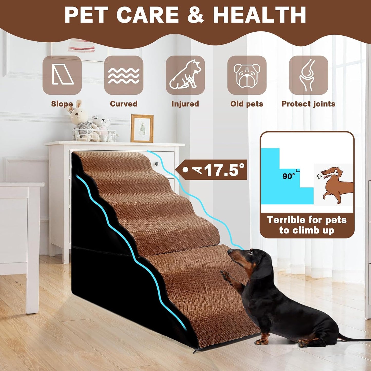Dog Stairs for High Beds 30-36 inches Tall, 6-Step Dog Steps for Bed 32-36 inches for Small Large Dogs, Doggie Ramp for Bed, 30D Foam Pet Stairs for Old Dogs/Cats, Free-Installation, Grey