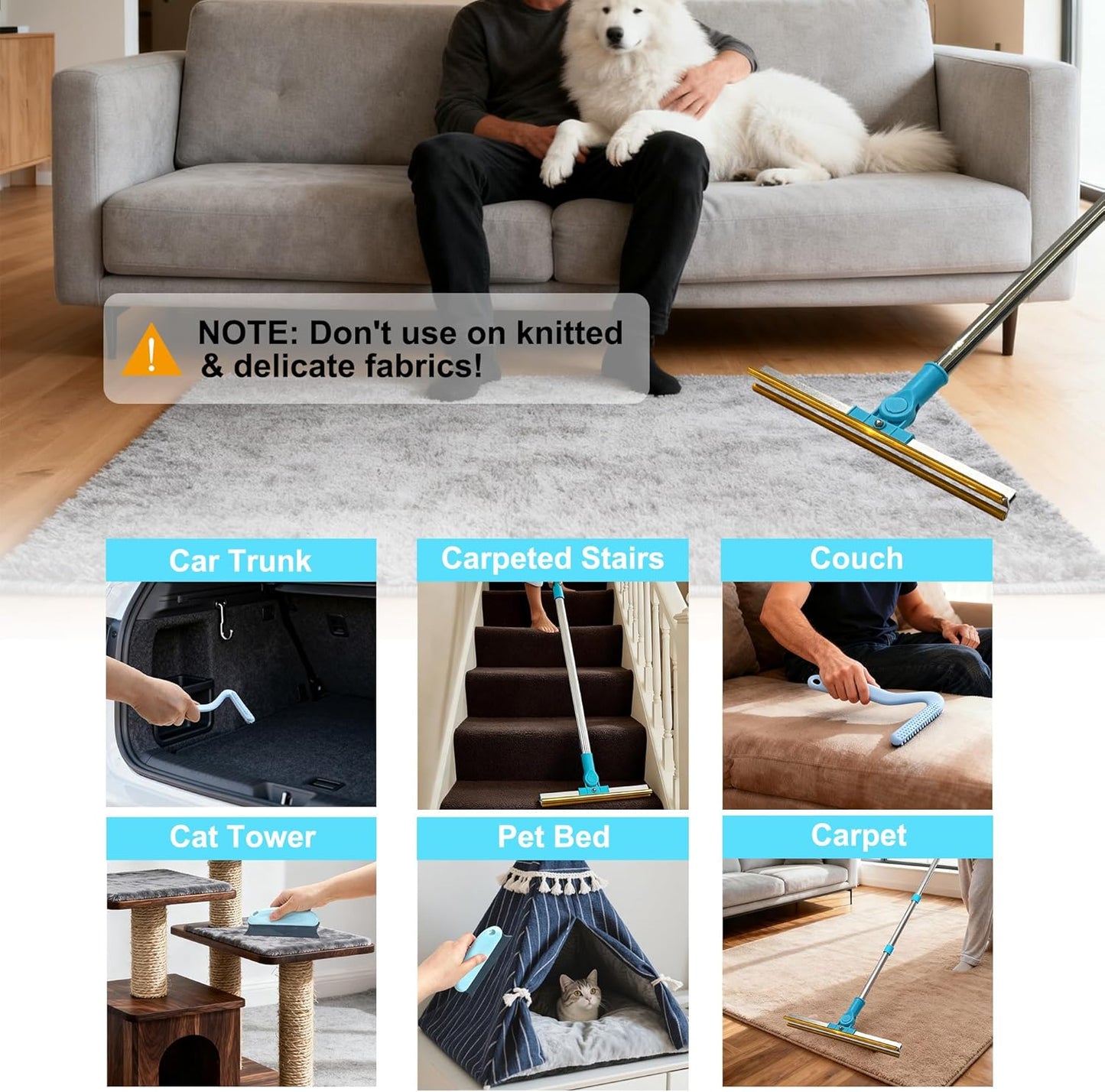 Carpet Rake for Pet Hair Removal Tool, 54" Long Handle Pet Hair Remover, 4 in 1 Carpet Broom Brush for Matted Rugs, Mats, Couch, Furniture and Car Interiors