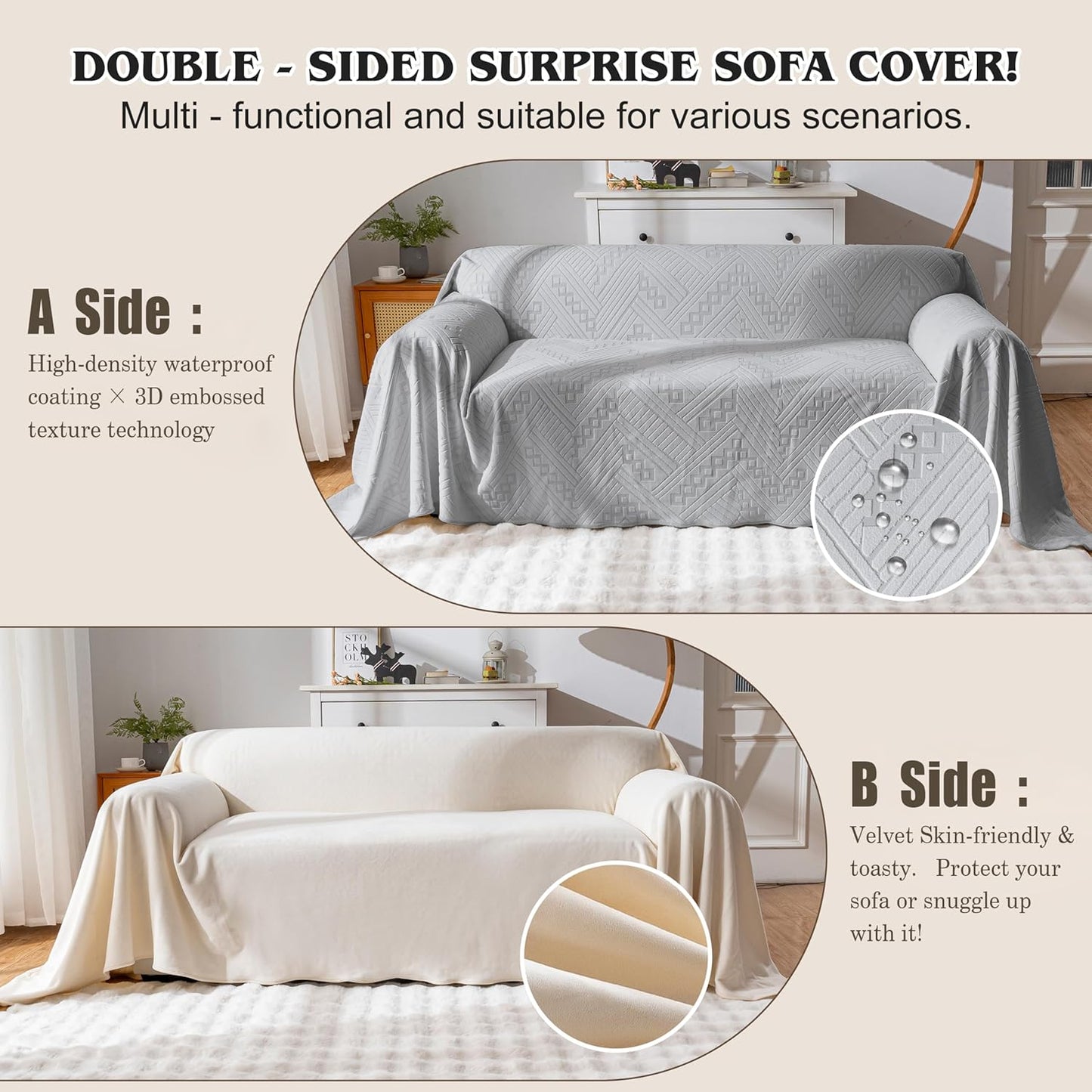 Waterproof Couch Cover, Reversible, Pet-Friendly, Washable and Anti-Slip Couch Covers for Sofa Protection with 3 Cushions, Sofa Slipcovers for Dogs and Cats (71×118in/Brown)