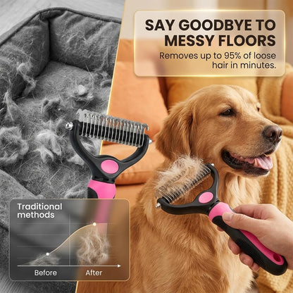 Sakerplus Dog Brush Tool Dog Brush for Shedding, Dual-Sided 9/17 Teeth Deshedding Dogs Brushes, Undercoat Rake for Dogs and Cat Brush (2, Pink, Large+Small)