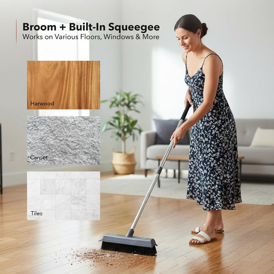 OVENTE Carpet Rake Rubber Broom for Pet Hair Removal with Squeegee, Detailing Lint Fur Remover Brush, Dustpan and 50” Handle, Cleaning Tools Set for Rug, Hardwood Floor, Tile and Window, Grey CT2504GY