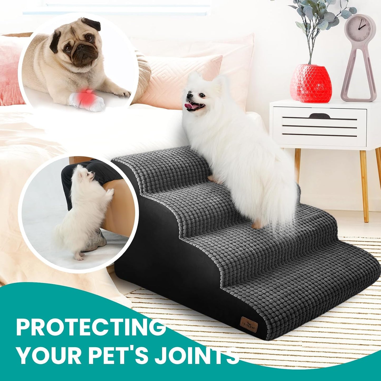 Dog Stairs for Bed 15.8'' H, 3 Step Dog Ramp for Small Dogs and Cats, Curved Dogs Steps for Sofa Couch or Chair, Portable Pet Stairs for High Bed Climbing, Non-Slip Balanced Pet Step Indoor, Brown