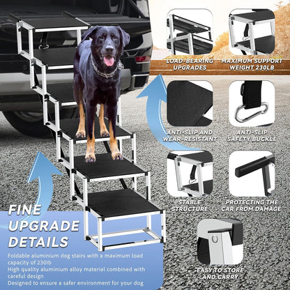 Deergym Dog Stairs for Large Dogs - 5 Step Wide 16in High 34in Foldable Dog Ramp for Car Non-Slip Surface Support up to 230lbs - Suitable for SUV,Truck, Sofas, Bed