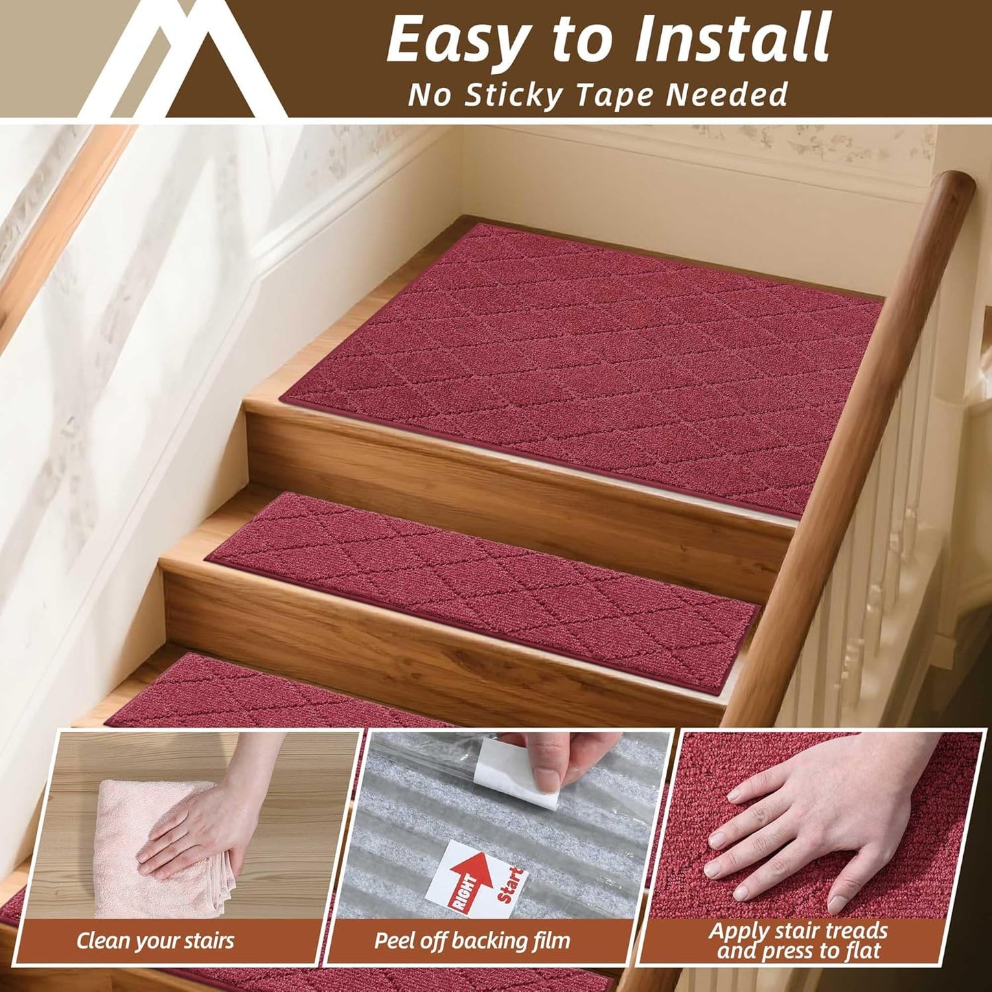 COSY HOMEER Edging Stair Treads Non-Slip Carpet Mat 28inX9in Indoor Stair Runners for Wooden Steps, Edging Stair Rugs for Kids and Dogs, 100% Polyester TPE Backing (7pc, Beige)