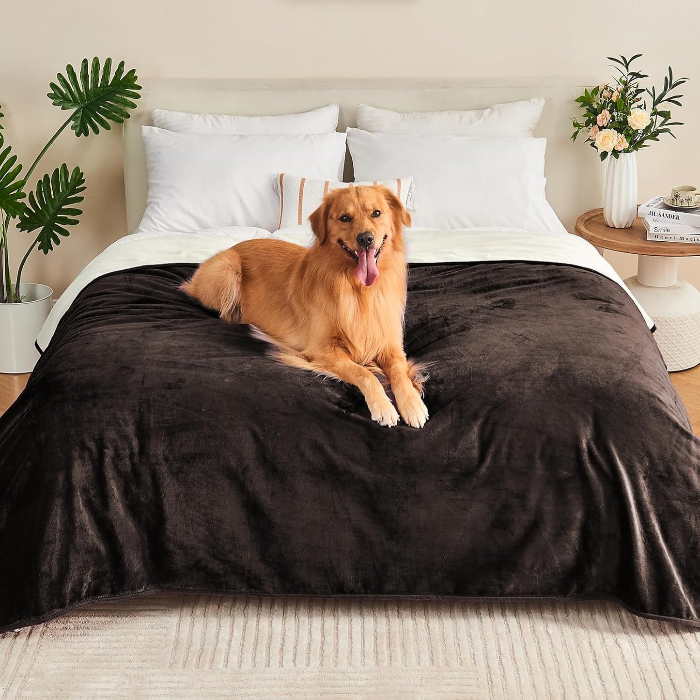 Waterproof Blanket 60"x80" for Adults, Reversible Waterproof Bed Cover for Dogs Cats Pets, Soft Leakproof Blanket for Bed Couch Sofa Furniture Protector, Dusty Pink/Off White