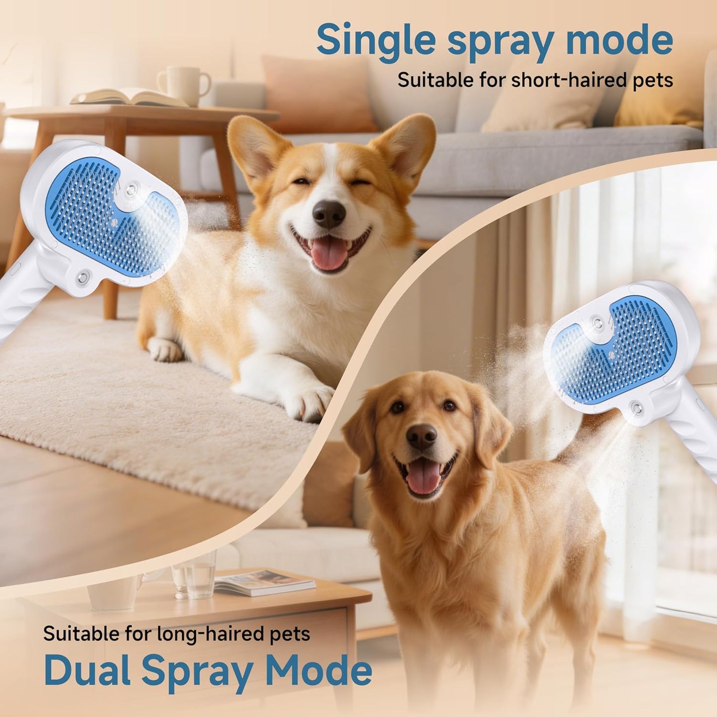 4-in-1 Pet Steam Brush for Dog & Cat with Dual Spray Nozzle | Shedding Hair Removal Comb with Waterless Shampoo, Self-Cleaning Grooming Tool for Anti-Static Skin-Friendly Use (blue)