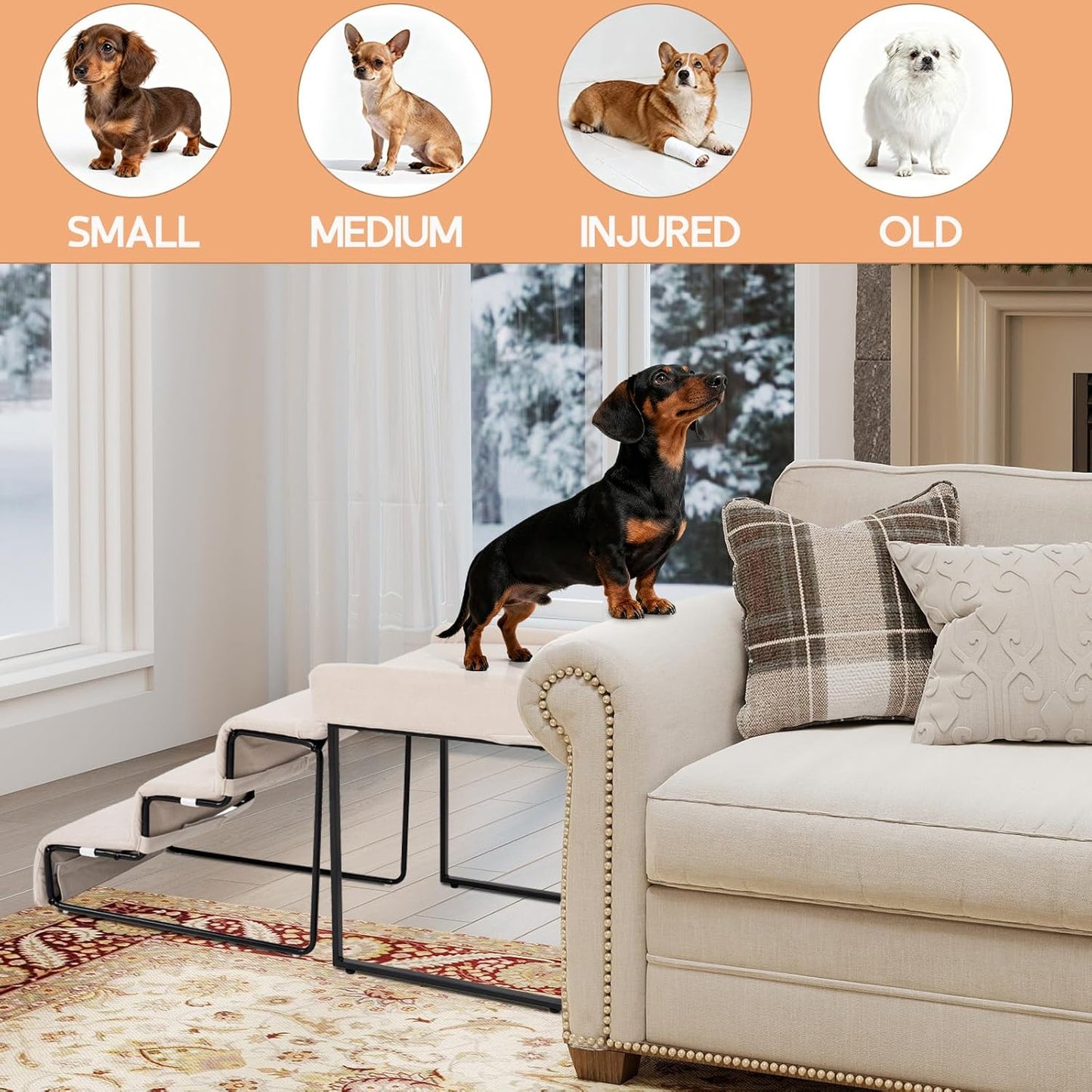 Stairs for Dogs to get on Bed 3-Step Pet Ramp for High Beds Sponge Dog Ramp Non-Slip Washable Cover The Sturdy Iron Frame with Anti-Slip Points Ideal for Small Dogs Cats Senior Pets with Joint Issues