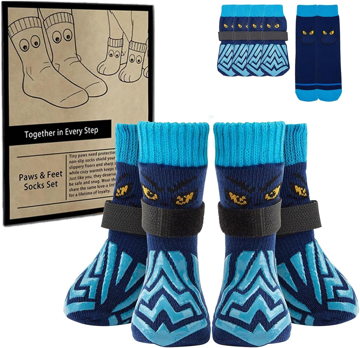 Non-Slip Dog Socks & Owner Sock Set- Extra-Grip, Paw Protection for Senior & Active Dogs(Grey,L)