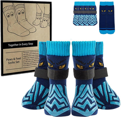 Non-Slip Dog Socks & Owner Sock Set- Extra-Grip, Paw Protection for Senior & Active Dogs(Grey,L)