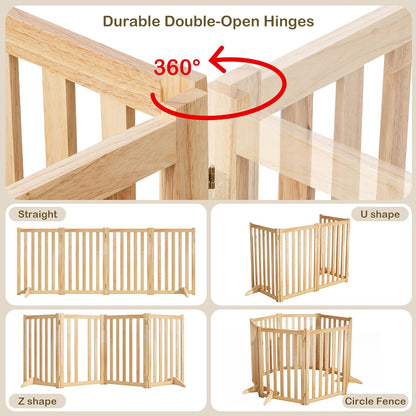 36" Height Extra Tall Freestanding Pet Gate, Solid Wood Folding Safety Fence Wooden Dog Gate with 2 PCs Support Feet Ideal for Stairs, Doorways, Halls, Kitchens, Heavy Duty Gates, 3 Panels, Oak