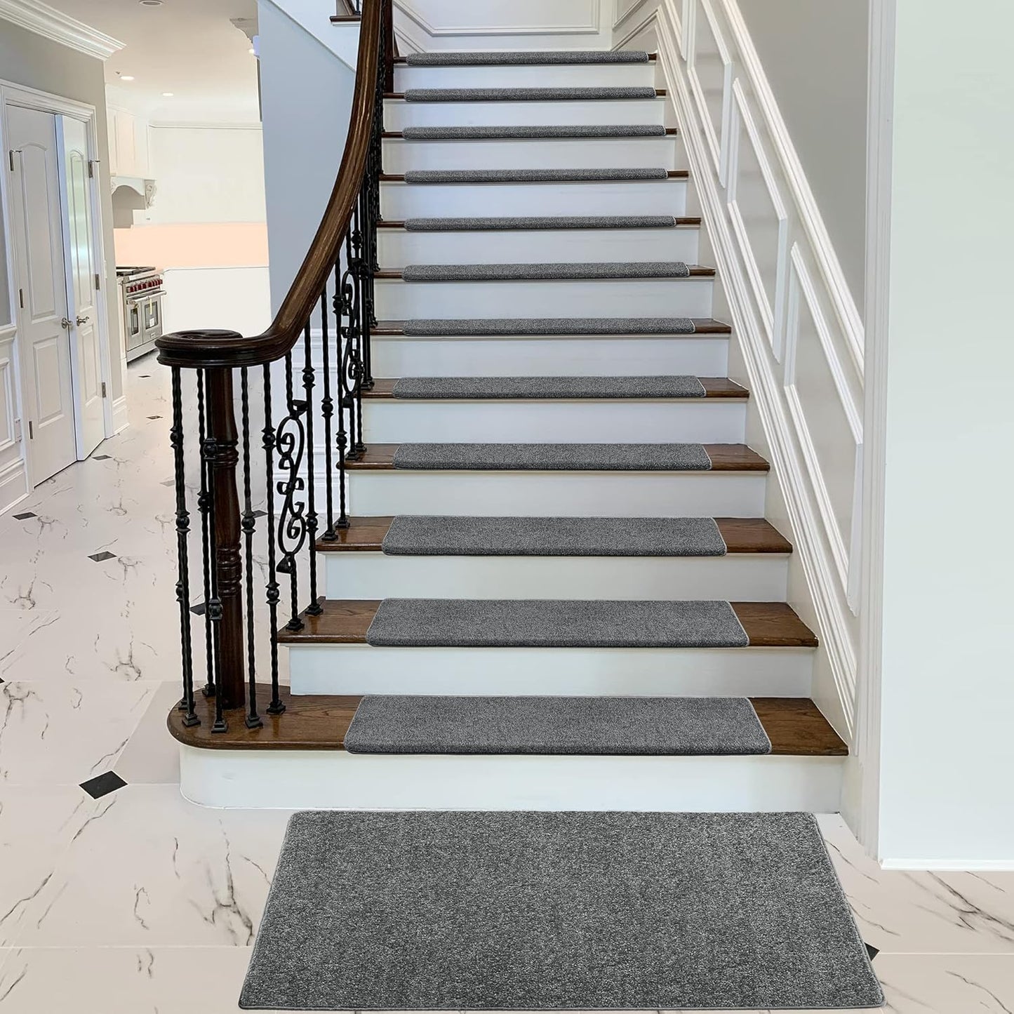 PURE ERA Bullnose Carpet Stair Treads Set Tape Free Non-Slip Indoor Stair Protectors Pet Friendly Rugs Covers Soft Skid Resistant Washable Reusable 9.5" x 30"(14 Pieces,Cream Gray)