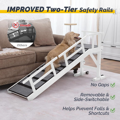 Dog Ramp for Bed or Couch, Wooden Pet Ramp with 20° Gentle Slope, Removable Side Rails, Non-Slip Surface, Top Platform & Wheels, Safe Bed Ramp for Small, Large & Senior Dogs, 60" Long, Mahogany