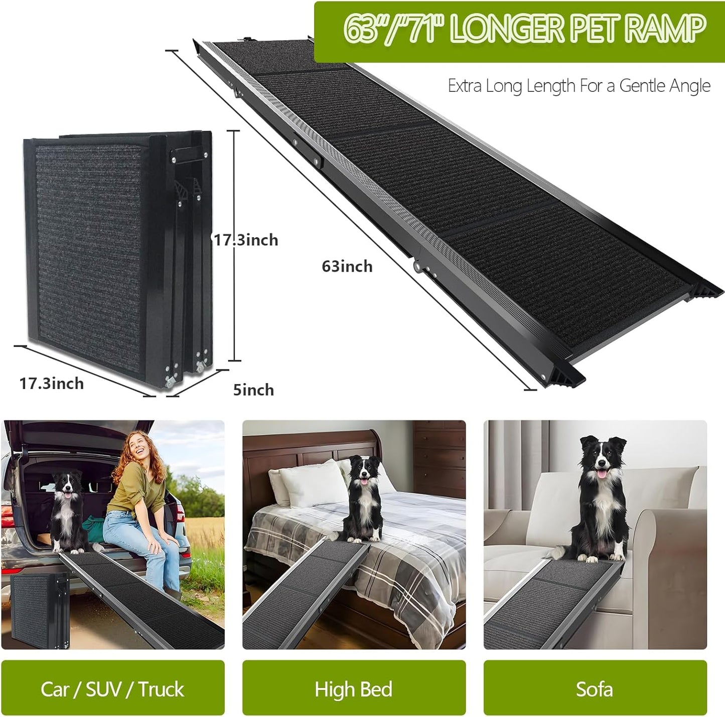 Dog Ramp for Cars SUV Truck-17.3"x71" Heavy Duty Foldable Wide Outdoor Pet Stairs with Non-Slip Surface Portable Folding Design for Large Dogs Up to 250lbs (71" L x 17.3" W)