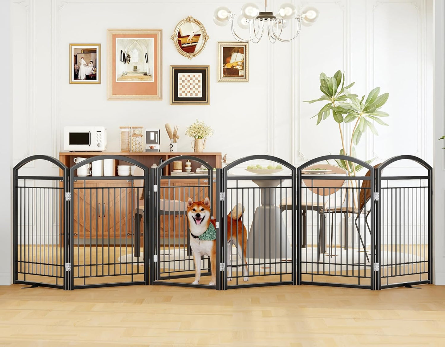 Folding No-Assembly Metal Freestanding Dog Gate with Door Walk Through,32" Height Pet Fence,144" Extra Wide Accordion Puppy Folding Playpen for Doorways,House,Stairs (6 Panels,White)
