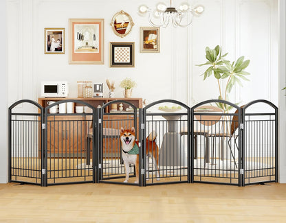 Folding No-Assembly Metal Freestanding Dog Gate with Door Walk Through,32" Height Pet Fence,144" Extra Wide Accordion Puppy Folding Playpen for Doorways,House,Stairs (6 Panels,White)