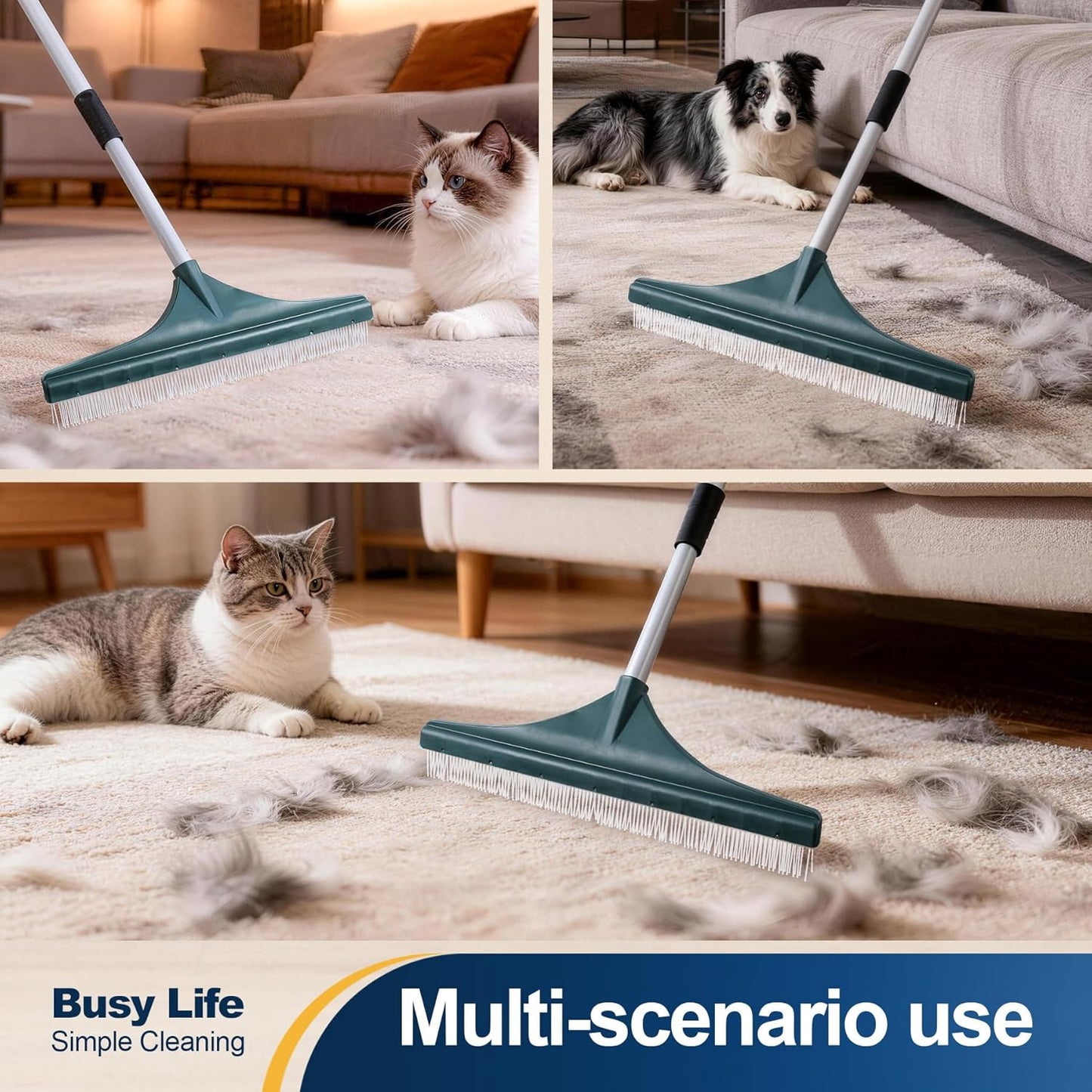 Yocada Carpet Rake for Pet Hair Removal Reusable Pet Hair Remover Telescopic Carpet Scraper Sweeper Cat Dog Hair Remover Rake Brush for Rugs Mats 56.69"