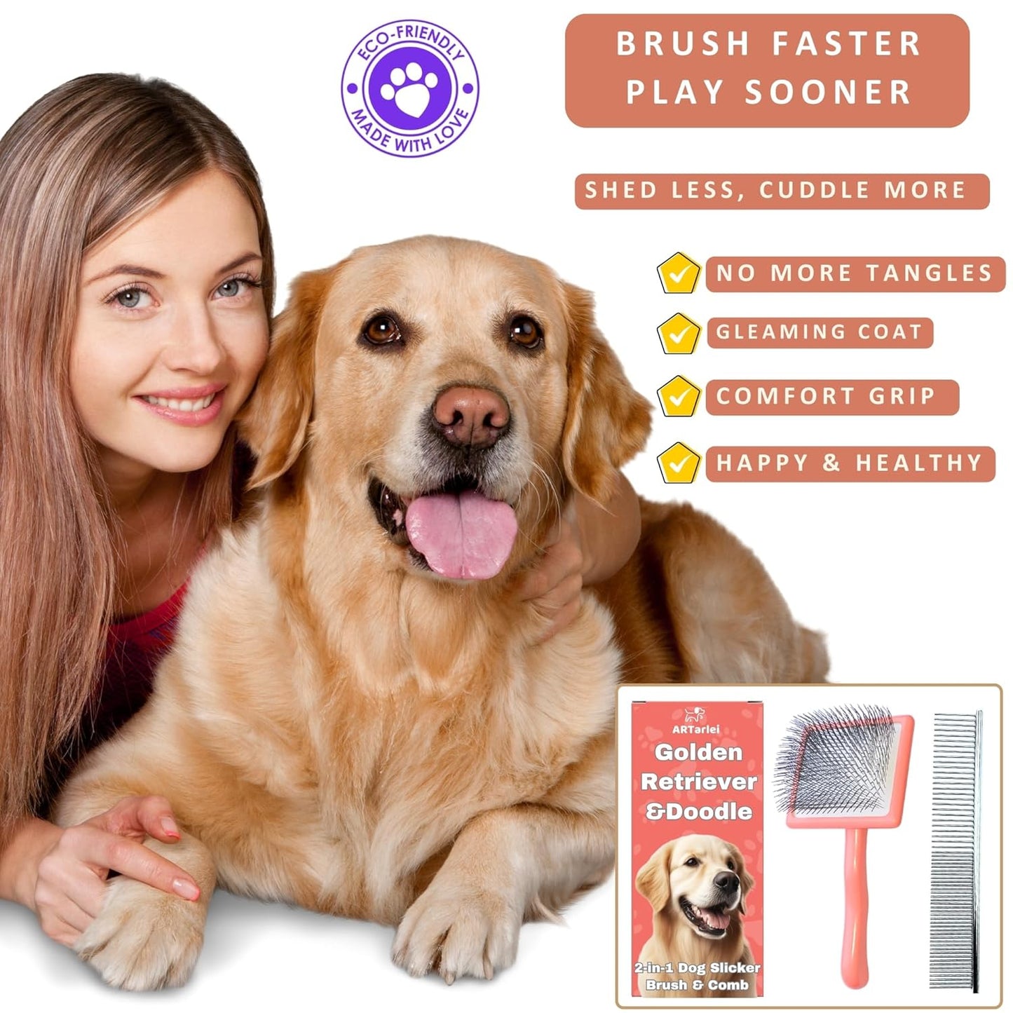 2-in-1 Dog Slicker Brush & Comb for Golden Retriever & Doodle - Easy Detangling & Deshedding, Tailored for Matted Coats of Long Curly Haired Doodle Mixes - Effortless Tangle-Free Grooming