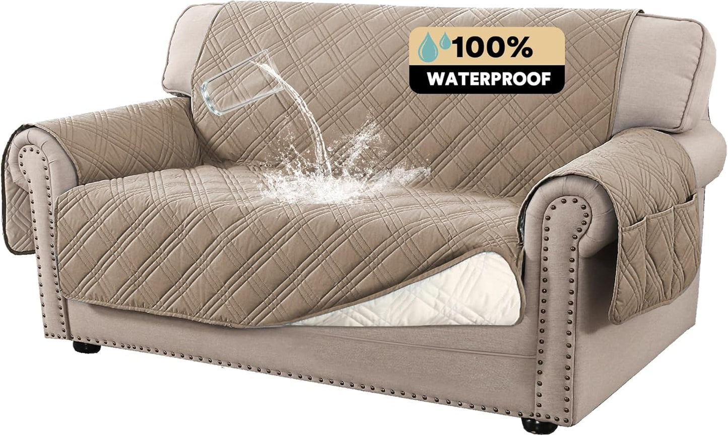 PrinceDeco 100% Waterproof Couch Cover for 3 Cushion Couch Sofa Pet Friendly Non-Slip Couch Cover for Dogs Washable Water Resistant Furniture Protector with Elastic Straps(Sofa 68", French Oak)